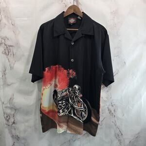 Dragonfly Roadhouse Shirt Mens Large Black Motorcycle Flames Fire Button Short